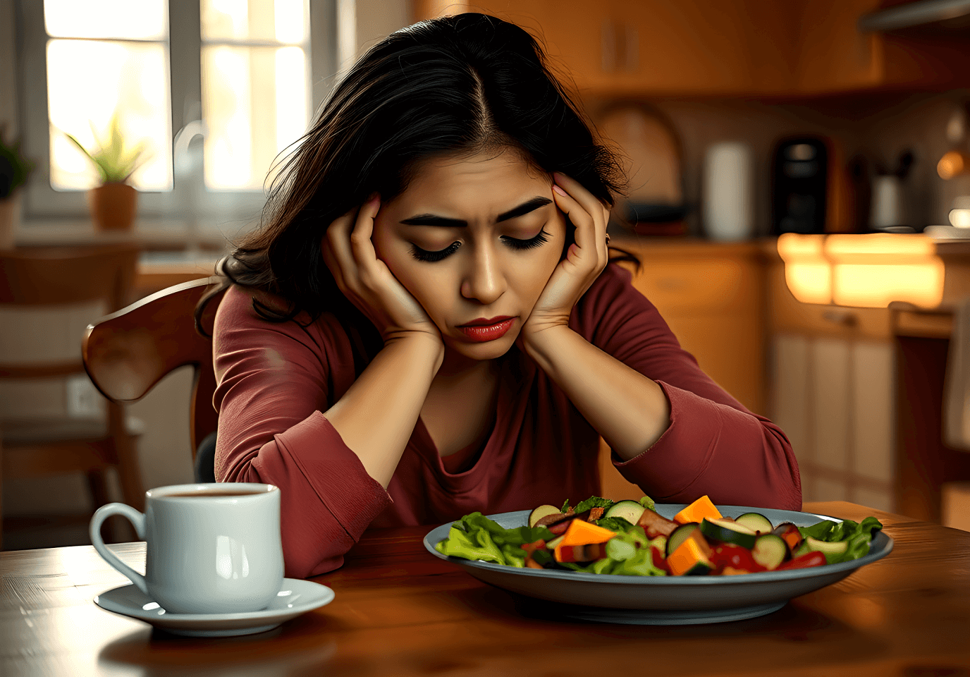 Relación Entre Estrés Y Metabolismo A woman sitting at a table with a plate of salad and a cup of coffee